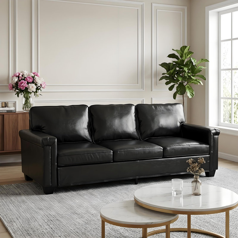Canapé 87,8 pouces à trois places de style Chesterfield en similicuir, coussins profonds avec coussins amovibles pour les espaces domestiques et de travail, noir