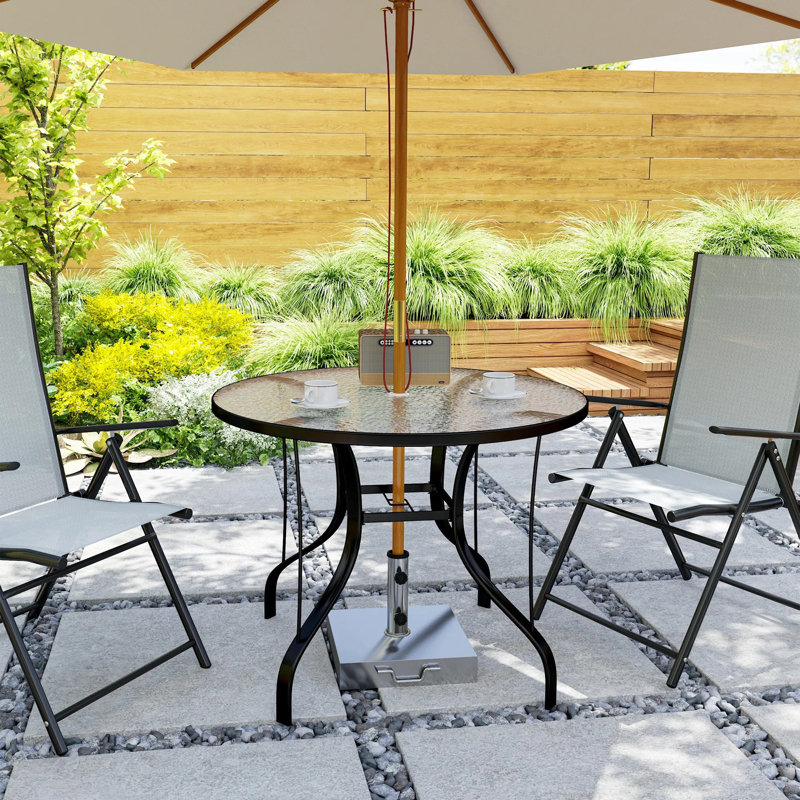 Table de patio ronde de 38 po avec trou pour parasol, table de salle à manger d'extérieur en verre trempé, cadre en métal résistant aux intempéries pour le jardin, la terrasse, la cour, noir