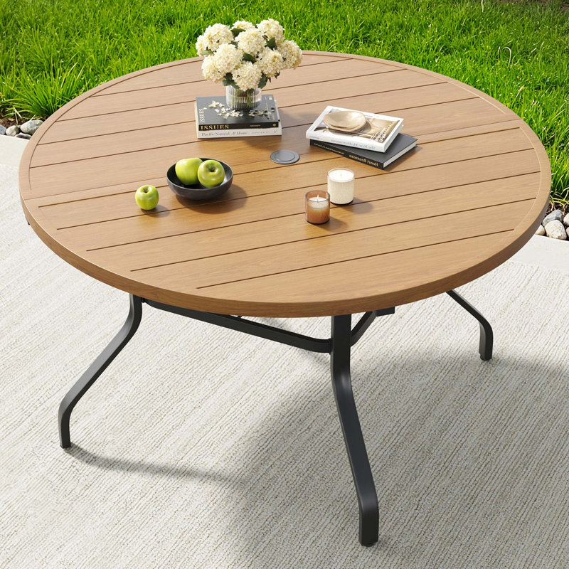 Table de salle à manger d'extérieur ronde durable avec texture grain de bois et trou pour parasol, Natural