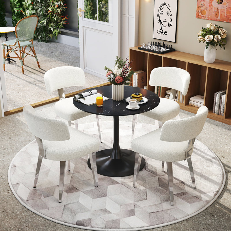 Tulip Dining Set, Marble Pattern Table With 2/4 Modern Boucle Chairs For Dining Room, Kitchen, White, White