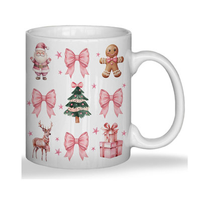 Coquette Bow Pink Christmas Mug, Christmas Tree Santa Gingerbread Reindeer Coffee Cup, Preppy Pink Xmas Holiday Ceramic Coffee Tea Mug 11 oz