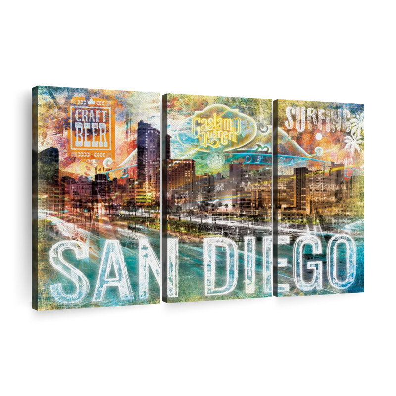 San Diego City Repères Grunge, impression sur toile 3 pièces, H 48 po x l 74 po x P 1,25 po