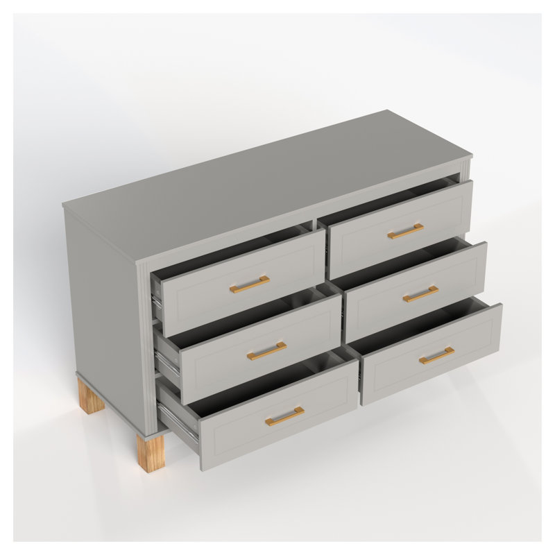 Commode double moderne à 6 tiroirs avec pieds en bois massif, armoire de rangement Mid-Century, Gris