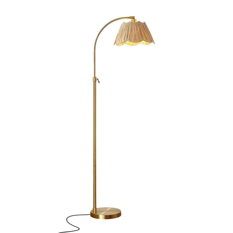 64'' Adjustable Gold Arched Floor Lamp With Handwoven Boho Shade, Rotatable Reading Light, Easy Assembly & E26 LED Bulb Included