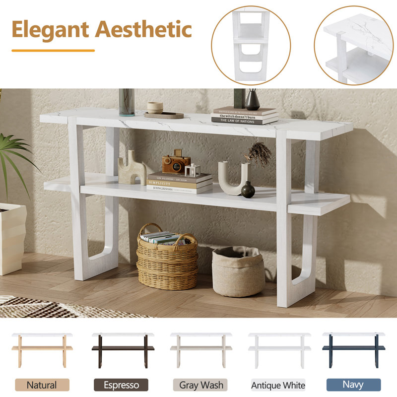 Narrow Console Table with Marble-Effect Top, Retro Entryway Table with Open Shelf, Sofa Table for Entryway, Hallway and Living Room (Espresso)