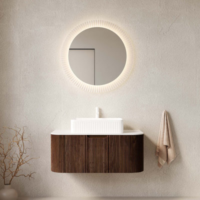 Meuble-lavabo 36 po, meuble-lavabo rayé à bords arrondis en contreplaqué avec tiroir, lavabo rectangulaire en céramique et plateau en pierre frittée Carrara, pré-assemblé, grain de bois noyer foncé