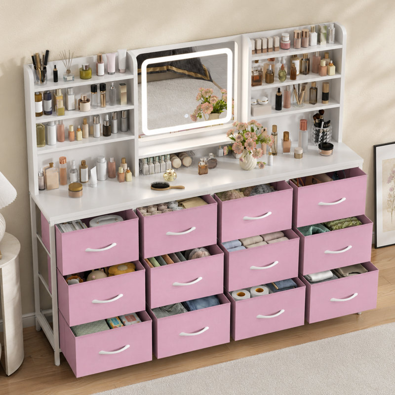 Coiffeuse 63 po avec miroir lumineux, commode en tissu 12 tiroirs avec miroir DEL à intensité variable 3 couleurs et pieds réglables