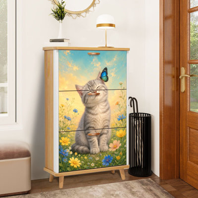 Shoe Storage Cabinet with 3 Flip Drawers for Adorable Tabby Kitten Blue Butterfly Wildflower Meadow Shoe Rack Storage Organizer