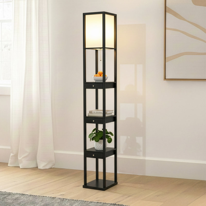 Lampe sur pied à DEL 72 po avec finition brune Maxwell, 4 tablettes intégrées, 3 tiroirs de rangement, ampoule incluse, Brun