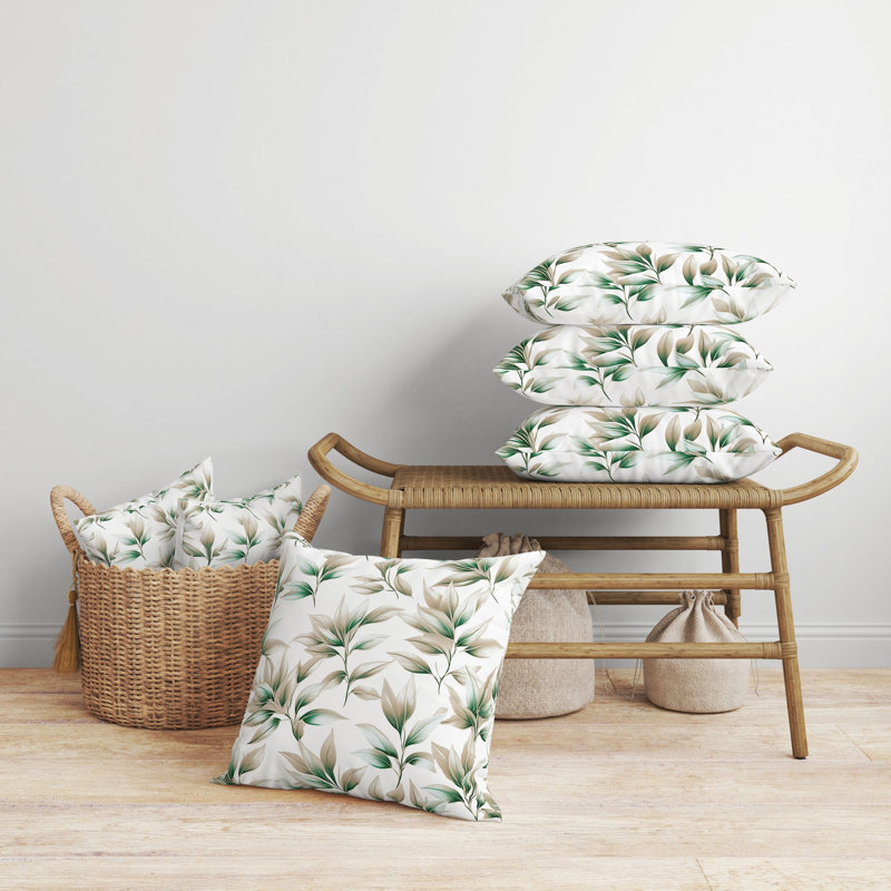 Coussin Enchanted Leaflet, H 16 po x l 16 po, Ivoire/vert