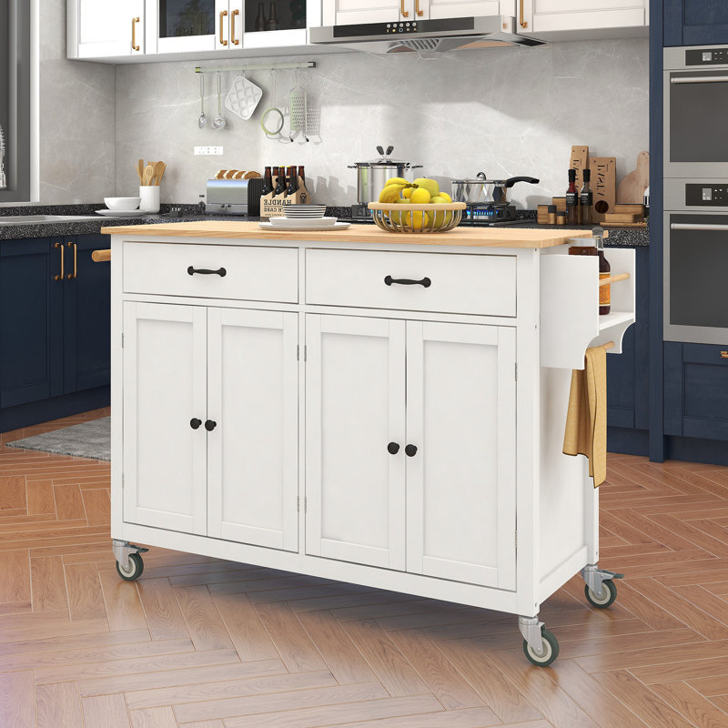 Kitchen Island Cart With Solid Wood Top And Locking Wheels,54.3 Inch Width,4 Door Cabinet And Two Drawers,Spice Rack, Towel Rack