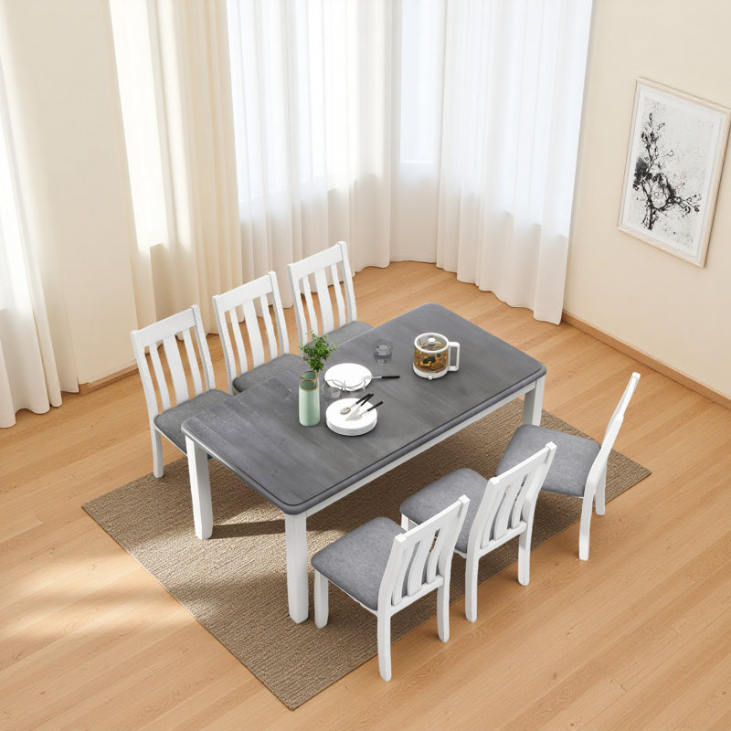 Ensemble de table de salle à manger 7 pièces de style rétro avec table extensible et 6 chaises rembourrées, Gris, Gris