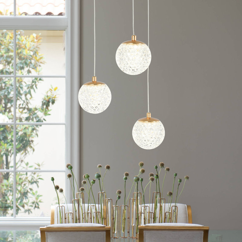 Luminaire suspendu en forme de globe à 3 lumières avec accents Crytal Covell, Or français