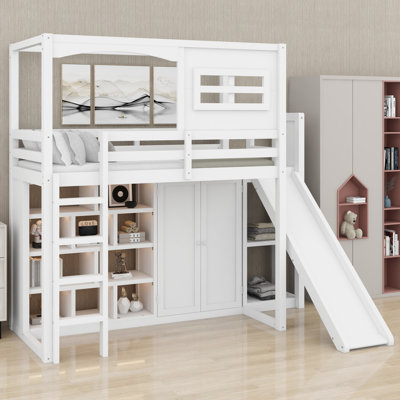 Wood  Loft Bed With Wardrobe, Storage Shelves, Slide And LED