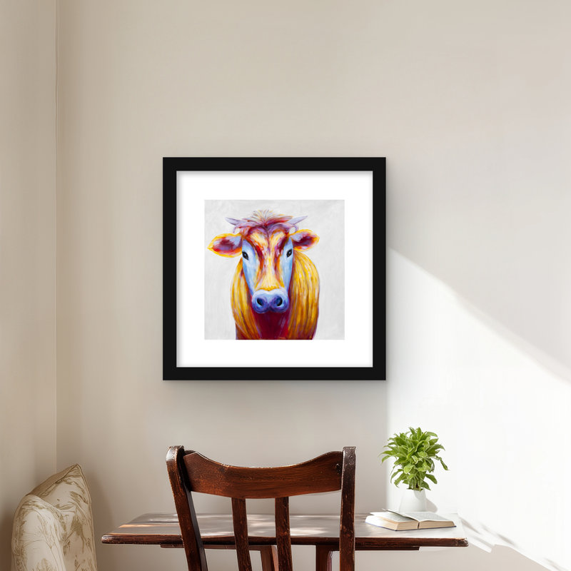 «Colorful Country Cow» - reproduction encadrée pour la décoration intérieure, H 16 po x l 16 po, Noir