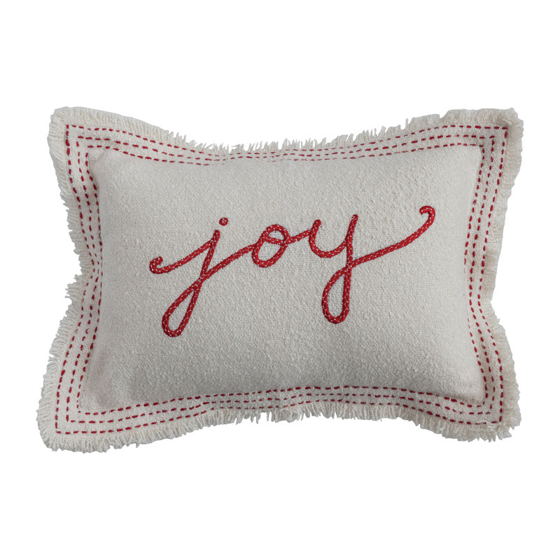 Coussin lombaire texturé en mélange de coton tissé avec broderie et frange "Joy"