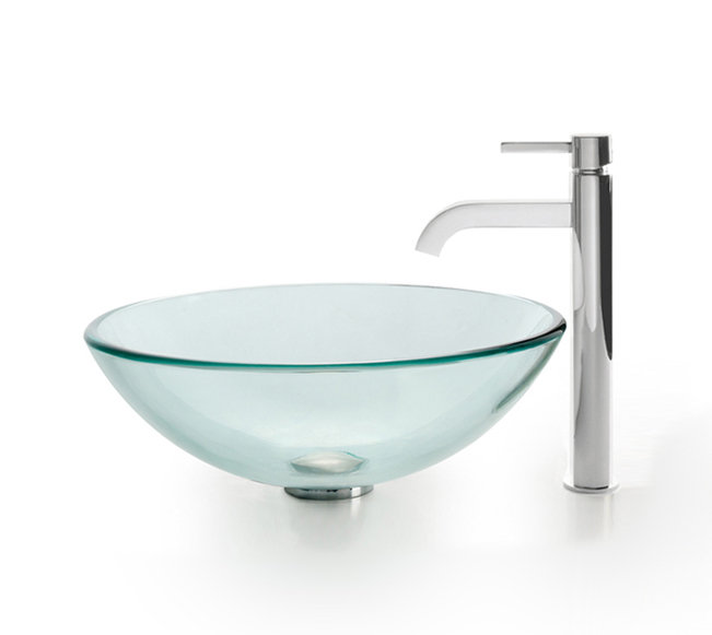 Bathroom Combos Glass Circular Vessel Bathroom Sink with Faucet, Chrome