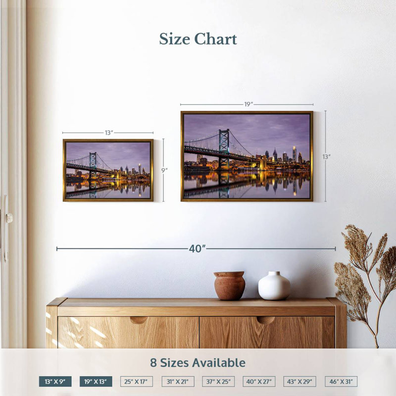 Ben Franklin Bridge Skyline, Floating Frame Gold, 19" X 13"