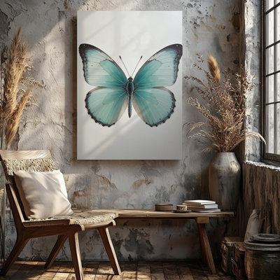 A Soft Painterly Image of a Butterfly With Canvas Wings in Shades of Turquoise pâle qui s'estompe dans un art mural de qualité supérieure, prêt à être accroché