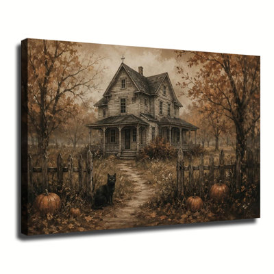 Vintage Abandoned Farmhouse With Black Cat And Pumpkins In Autumn Woods, Dark Halloween Canvas Wall Art For Home Decoration