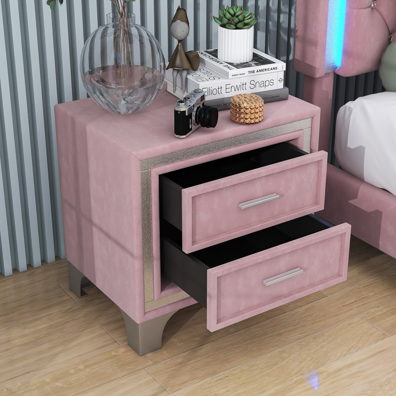 Table de chevet 2 tiroirs avec pieds en métal pour la chambre à coucher, Rose