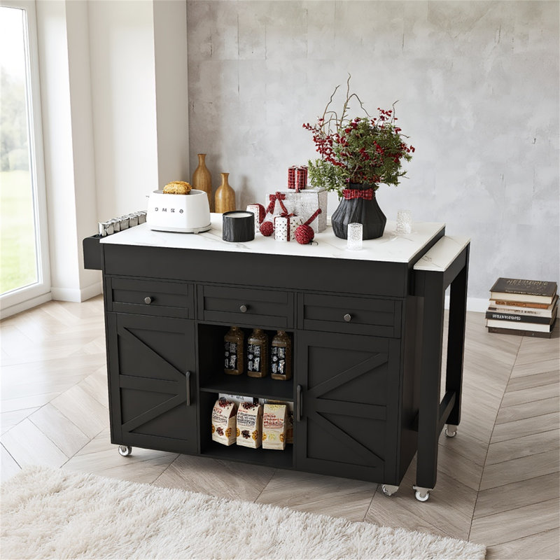 Îlot de cuisine avec table de salle à manger extensible et prise de courant - Chariot de rangement sur roulettes avec 3 tiroirs et armoire à 2 portes, noir