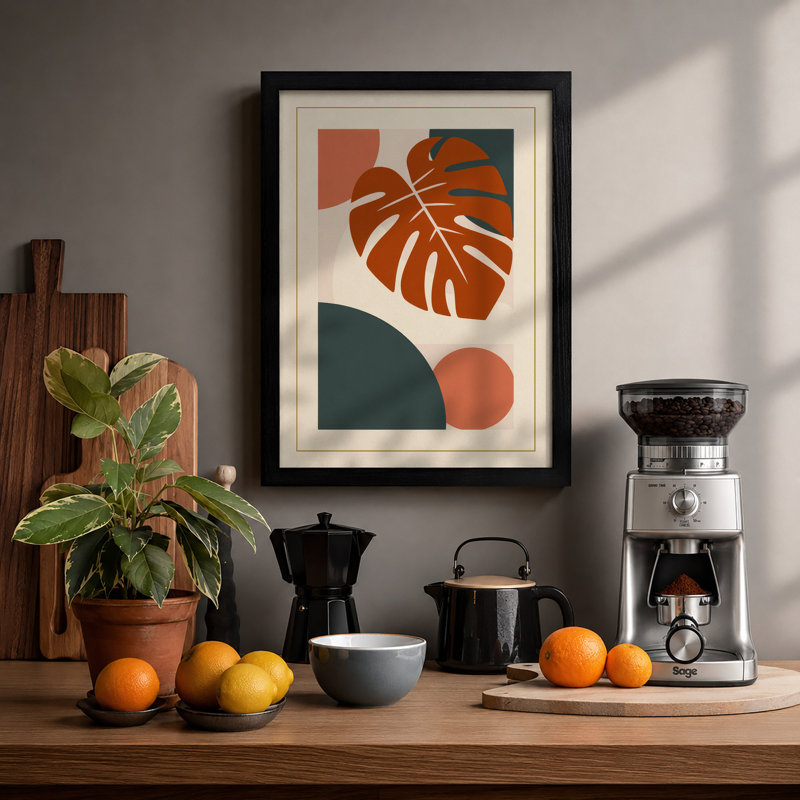 Monstera Geometry Mid-Century - Framed Print, A2 - 59.4 x 42.0 cm, Black