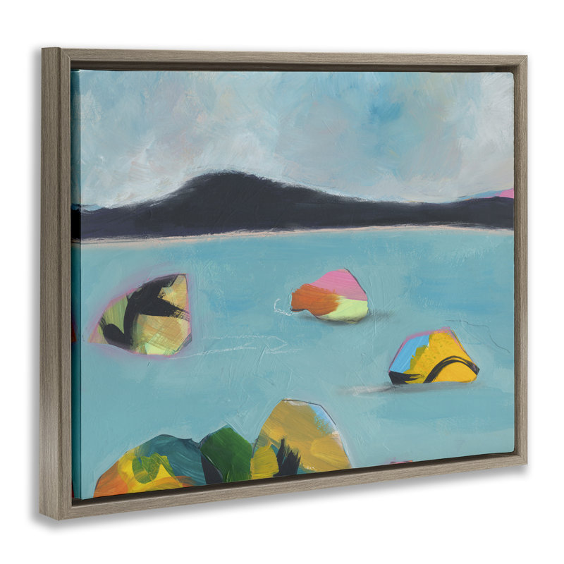 Abstrait, "Sea Buoys", art mural encadré par Jan Weiss, Cadre flottant orme Montalcino, H 25 po x l 31 po