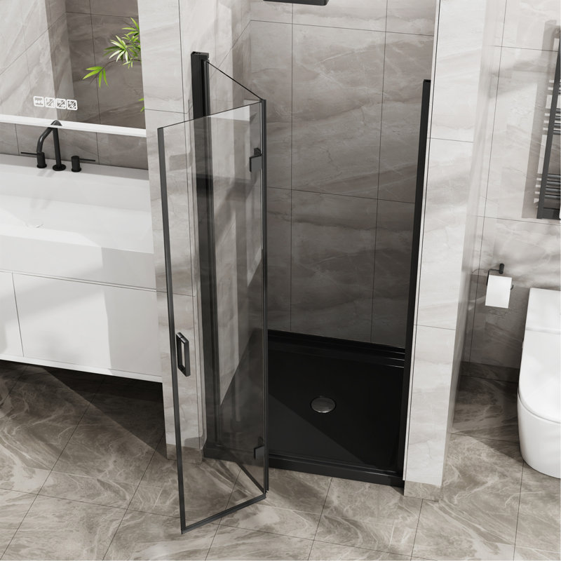 Porte de douche pliante en verre sans cadre 34 po x 72 po 1/4 po en verre trempé transparent pivotant avec finition noire, pliable