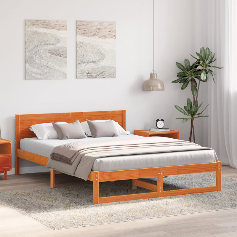 Bed Frame with Headboard Solid Pine Wood, European Kingsize (160 x 200 cm), Wax Brown