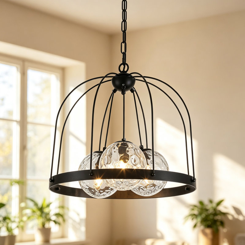 Lustre en forme de roue de chariot à 3 lumières avec abat-jour noir en forme de sphère Spoutnik pour le salon