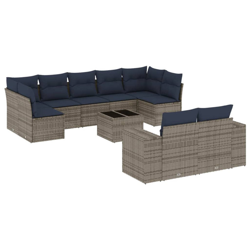 Ensemble de canapé de patio 10 pièces avec coussins en rotin de polyester, Marine, Gris
