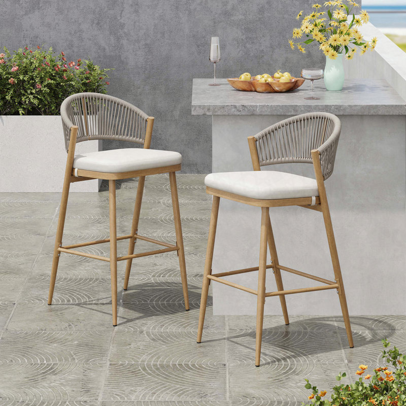 Aluminum Frame Barstools with Scallop Rattan Backrest – Set of 2, Maple Finish, Beige Cushion/Gray Frame