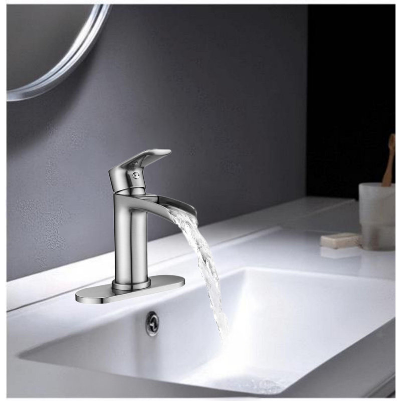 Robinets de lavabo de salle de bain à poignée simple avec bonde escamotable Waterfall, Nickel brossé