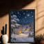 Village de Noël encadré noir avec arbres enneigés et ciel étoilé, impressions murales de style rétro-744869393