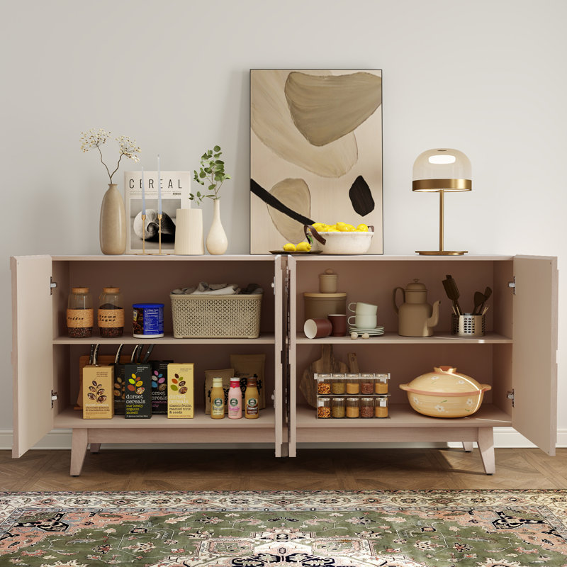 Buffet de 65 po de largeur avec pieds en bois massif, Marron clair