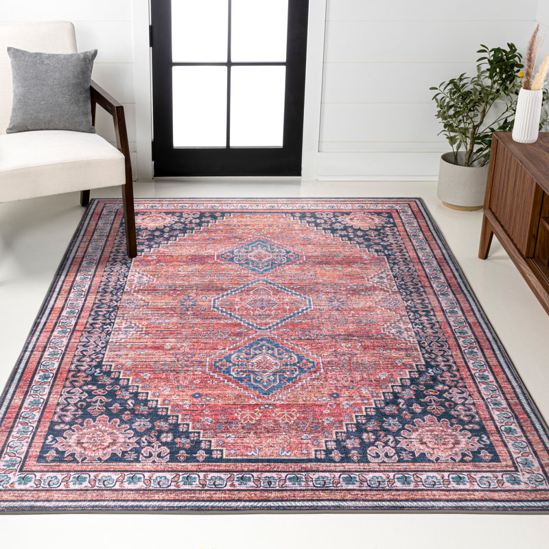 Tapis terre cuite / bleu marine lavable à la machine Lesandra, Carré 6 pi