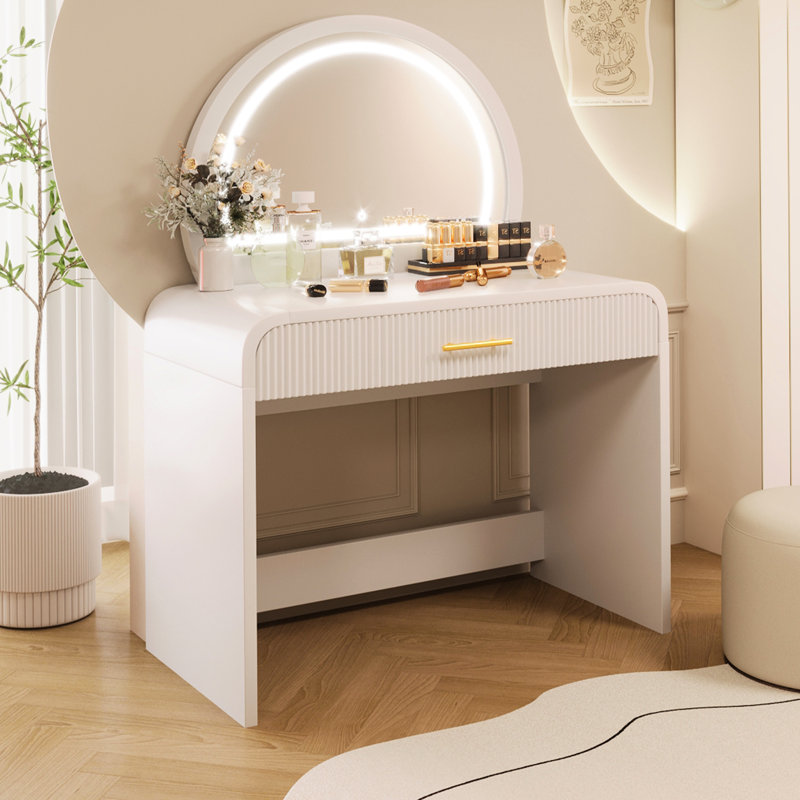 Meuble-lavabo blanc de 39 po avec miroir et tiroir pour la chambre à coucher. Bords et esthétique incurvés. Produits de beauté avec beaucoup de rangement. Matériau confortable. Installation facile et rapide