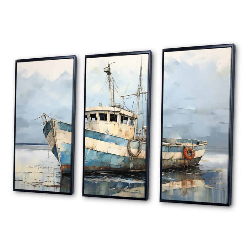 Bleu et blanc bateau de pêche I - ensemble de salon d'art mural bateau côtier, Cadre flottant noir, 28" H x 36" W x 1" D