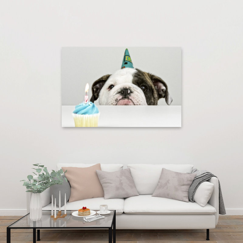 Birthday Bulldog Puppy Contemporary Bulldog Dog Wall Art Print by Mike Melnotte - Wrapped Canvas Print, 101.6cm H x 152.4cm W