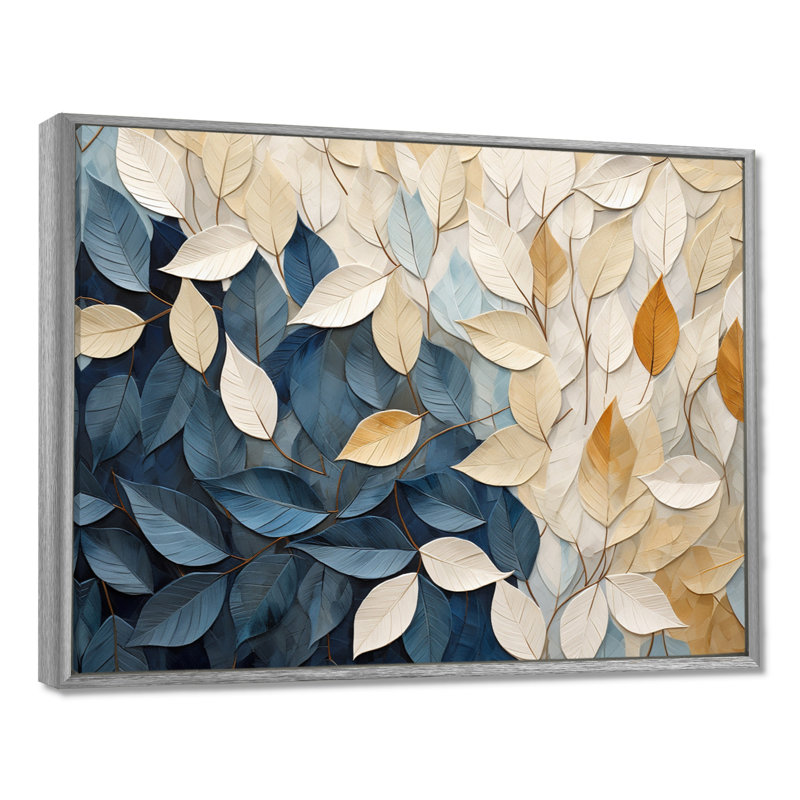 Collage de feuilles minimaliste beige et bleu - feuilles, décoration murale, H 34 po x l 44 po x P 1,5 po