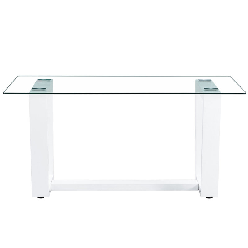Superbe table de salle à manger en verre avec plateau trempé de 0,4 po et support blanc, rehaussant votre espace de support rectangulaire tendance pour un look chic