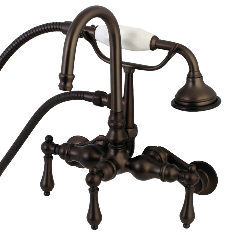 Kingston Brass Aqua Vintage Three-Handle 2-Hole Tub Wall Mount Clawfoot Tub Faucet with Hand Shower, Oil Rubbed Bronze
