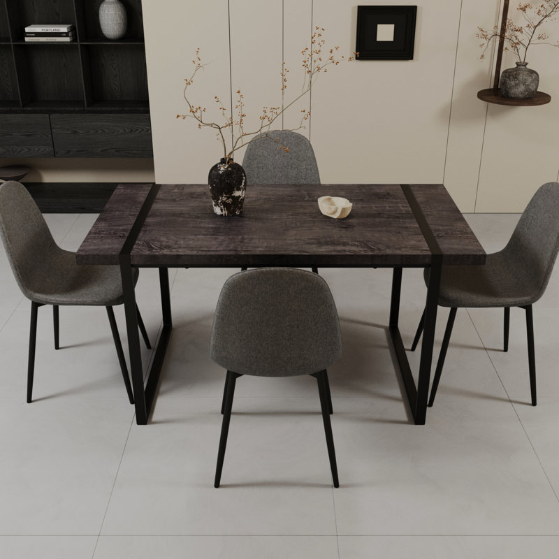 Table de salle à manger en bois noir avec table, base en métal, table ergonomique avec sièges et table de 4 personnes, cadre noir de 59 po pour une durabilité accrue