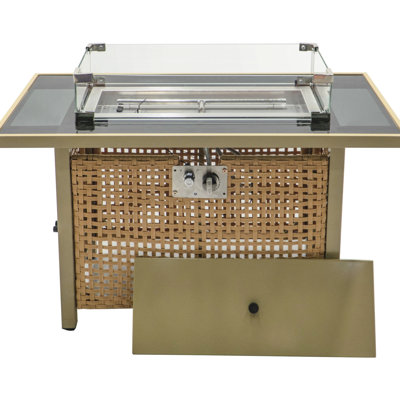 60000 Outdoor Deck Fire Pit Table, 43" Rectangular Open Weave , Glass Wind Guard For Patio Garden Backyard - Orange Yellow Nuance Table With Blue Stones, Propane, & Mustard