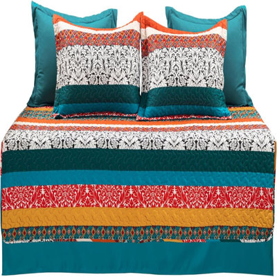 Boho Stripe Quilted 3 Piece Cover Set, Daybed, Turquoise & Tangerine