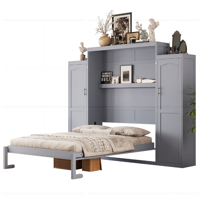 Lit escamotable en bois avec 2 garde-robe et tablette de rangement, gris, Grand lit