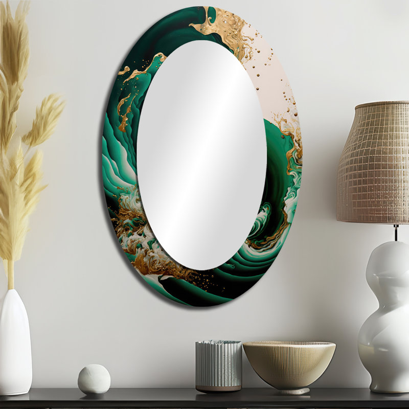 Emerald Green And Gold Abstract Waves IV - Modern Oval Wall Mirror, 36" x 24"