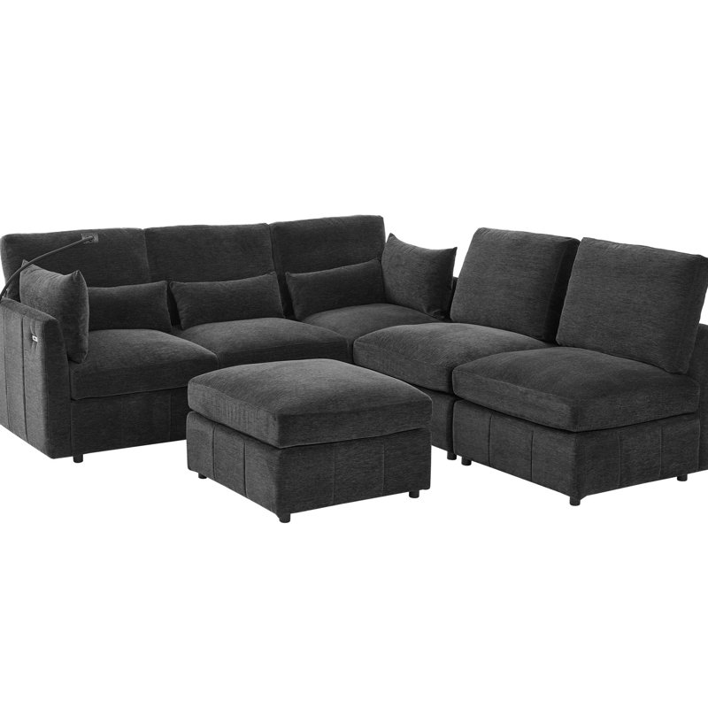 85.4" Sectional With Reconfigurable Design, Movable , Ports, Phone Holder, And Chenille Fabric In Black Modern Modular U - Shaped Couch Charging, Soft Upholstery For Living Room