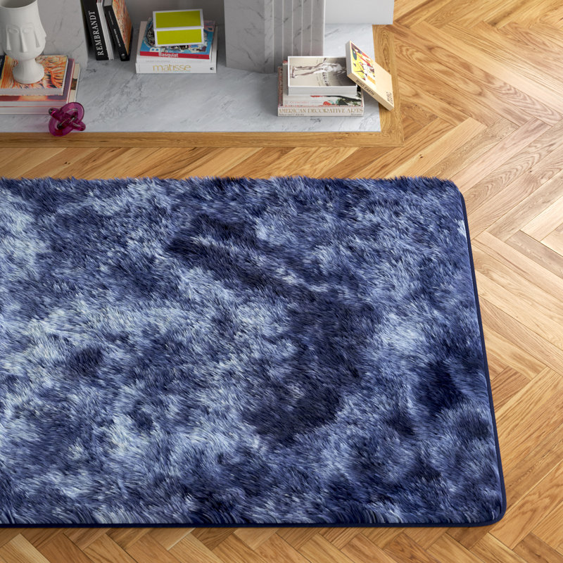 Tapis bleu marine à poils longs Derek, Rectangle 5 pi x 7 pi